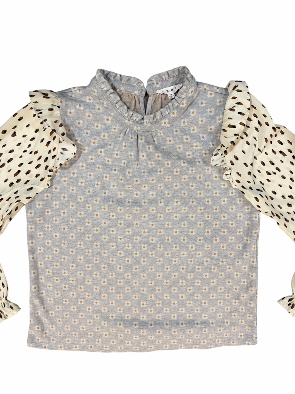 THML Mixed Print Ruffle Sleeve Top | Daisy Floral Knit | Leopard Chiffon Sleeves - Picture 4 of 12